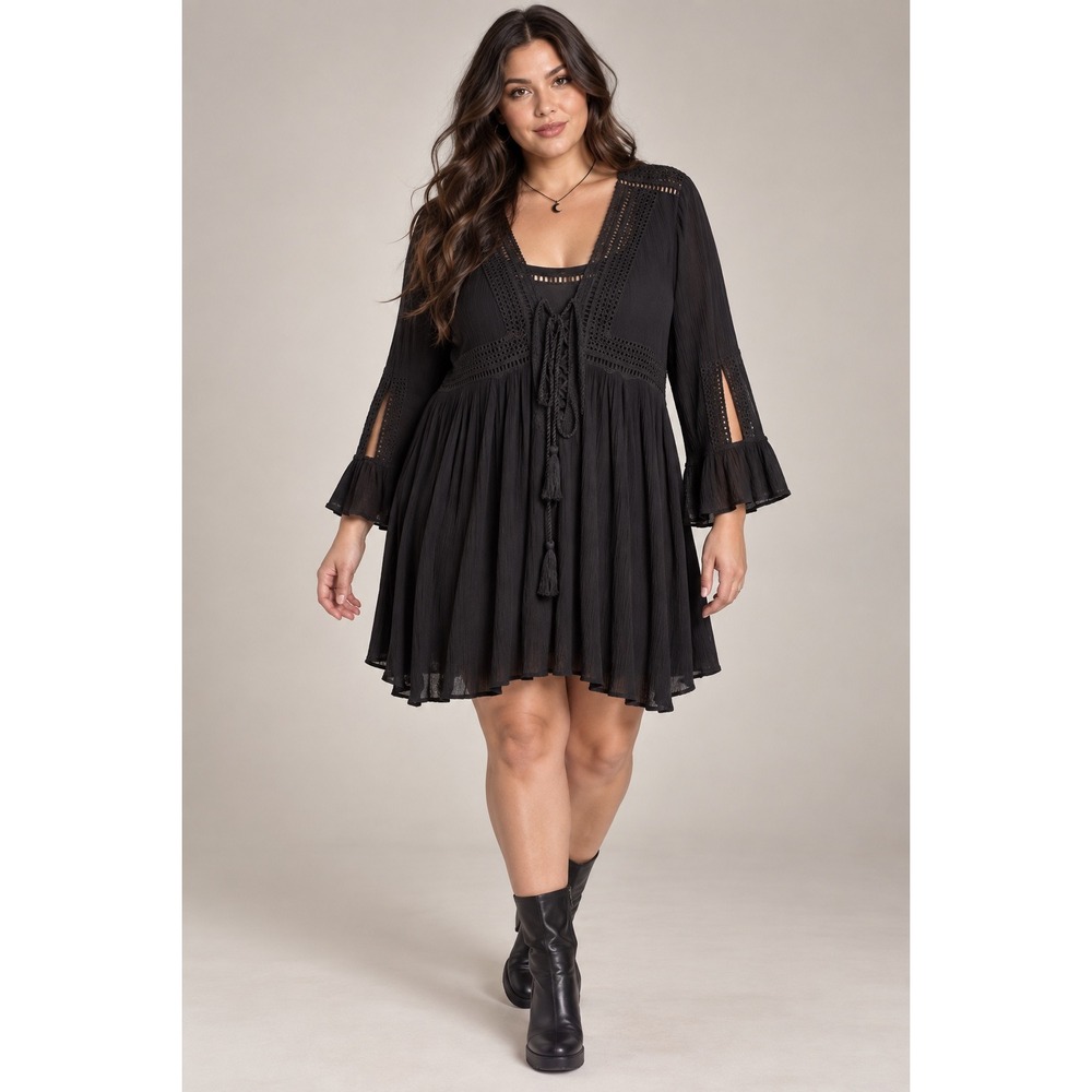 Torrid Black Babydoll Crochet Trim Bell Sleeve Mini Dress 12 Boho Whimsigoth